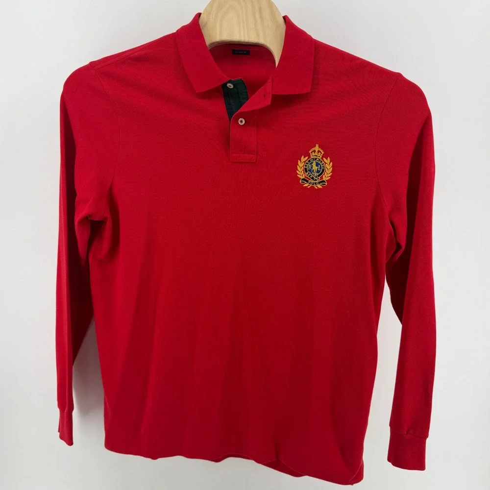Polo Ralph Lauren Mens Red Long Sleeve Crest Logo Polo Shirt Classic Fit Large